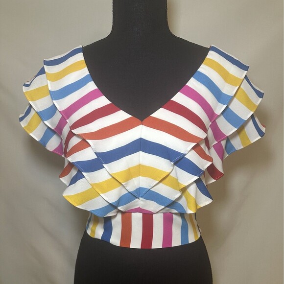 COLOR‎ ME COURTNEY Holly Ruffle Colorful Rainbow Crop Top 4 - Picture 3 of 12